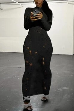 Sexy Slight Stretch Solid Color Hole Decor Lace-up Crew Neck Maxi Dress Wholesale