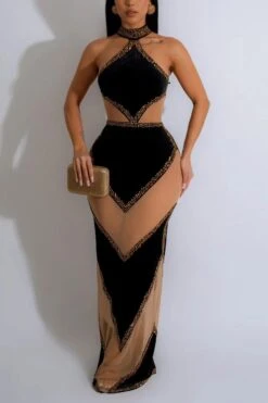 Sexy Plus Size Slight stretch Mesh Velvet Patchwork Rhinestone Maxi Dress Wholesale