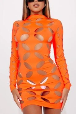 Sexy Slight Stretch Solid Color Crew Neck Slim Hollow Mini Dress Wholesale