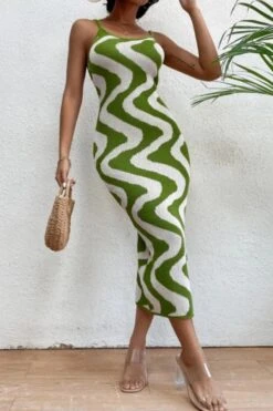 Sexy Slight Stretch Contrast Color Ribbed Knit Sling Midi Dress Wholesale Sexy Dresses