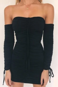 Sexy Slight Stretch Off Shoulder Long Sleeve Ruched Bodycon Mini Dress Wholesale
