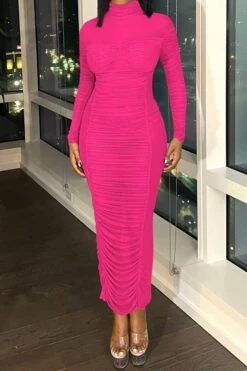 Sexy Slight Stretch Stitching See-through Mesh Crew Neck Shirring Maxi Dress Wholesale