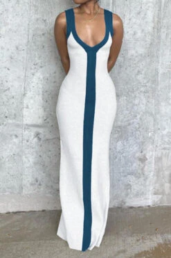 Sexy Slight Stretch Color-block Ribbed Knit Low-cut Maxi Dress Wholesale Maxi&Gown