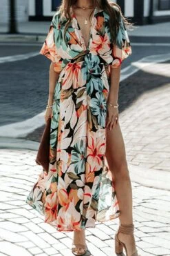 Sexy Non-stretch Flower Batch Printing Deep V-neck High Slit Maxi Dress Wholesale