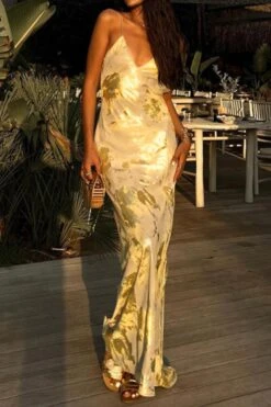 Sexy Slight Stretch Gold Holographic Backless Sling Maxi Dress Wholesale