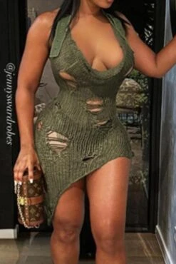 Sexy Slight Stretch Hollow Halter-neck Backless Knitted Mini Dress Wholesale