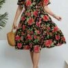 Casual Plus Size Slight Stretch Rose Print Loose With Belt Midi Dress Wholesale Casual Dresses