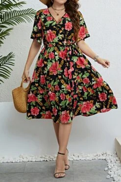 Casual Plus Size Slight Stretch Rose Print Loose With Belt Midi Dress Wholesale Casual Dresses