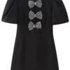 New Sexy Slight Stretch Black Rhinestone Bow Short Sleeve Slim Mini Dress Wholesale