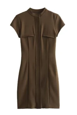 Sexy Slight Stretch Style Brown Round Neck Zipper Short Sleeve Mini Dress Wholesale