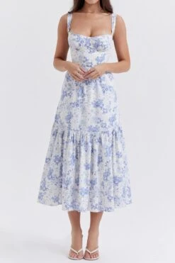 Casual Non-stretch Floral Batch Printing Padded Midi Dress Wholesale