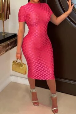 Sexy Plus Size Slight Stretch Checkered Mesh See Through Bodycon Midi Dress Wholesale