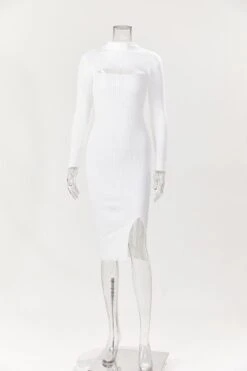 High Quality Slight Stretch Knitted Pure Color Long Sleeve Hollow Midi Dress Wholesale