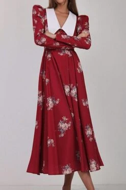 Casual Retro Slight Stretch Batch Printing Waist Slim Midi Floral Dress Wholesale