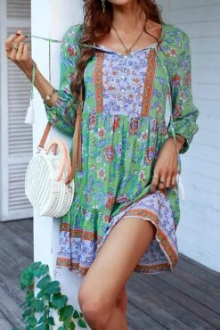 Casual Slight Stretch Bohemia Flower Batch Printing V-neck Mini Dress Wholesale