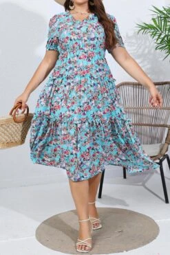 Casual Plus Size Non-stretch Chiffon Floral Batch Printing Midi Dress Wholesale