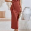 Casual Slight Stretch Solid Color Round Neck Waist Knitted Lace-up Midi Dress Wholesale