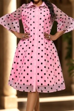 Sexy Plus Size Slight Stretch Dot Batch Printing Lapel Midi Dress Wholesale