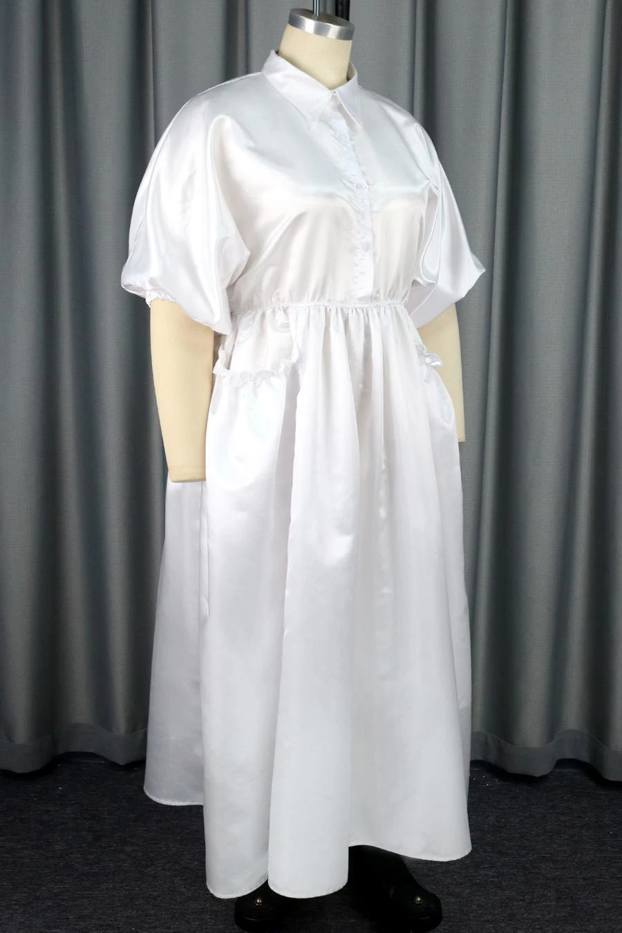 Casual Plus Size Non-stretch Solid Color Lapel Pocket Maxi Dress Wholesale - Image 3