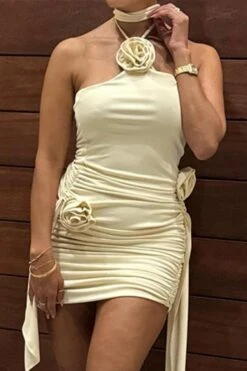 Sexy Slight Stretch Solid Color Flower Decor Halter-neck Slim Mini Dress Wholesale
