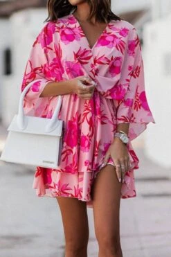 Stylish Plus Size Non-stretch Flowers Batch Printing Dolman Sleeve Mini Dress Wholesale
