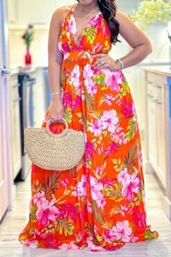 New Sexy Plus-size Non-stretch V-neck Batch Printing Suspender Maxi Dress Wholesale Sexy Dresses