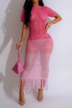 Sexy Plus Size stretch Loose Gradient Knitted Tassel Maxi Dress Wholesale