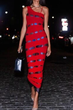 Sexy Slight Stretch Solid Color Hollow Sling Slim Midi Dress Wholesale