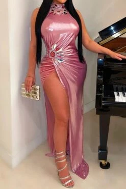 Sexy Plus Size Slight Stretch Holographic Rhinestone Slit Maxi Dress Wholesale Sexy Dresses