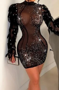 Sexy Plus Size Stretch Mesh See-through Rhinestone Feather Tight Mini Dress Wholesale Sexy Dresses