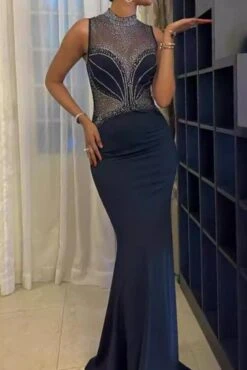 Sexy Plus Size Slight Stretch Rhinestone Decor Crew Neck Sleeveless Maxi Dress Wholesale Sparkling Dresses