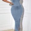 Sexy Slight Stretch Denim Tube Design Slit Midi Dress Wholesale