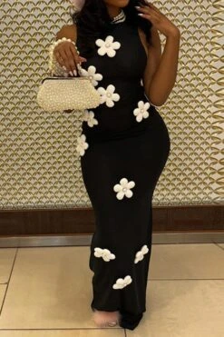 Sexy Slight Stretch Flower Rhinestone Pin Design Sleeveless Hollow Maxi Dress Wholesale