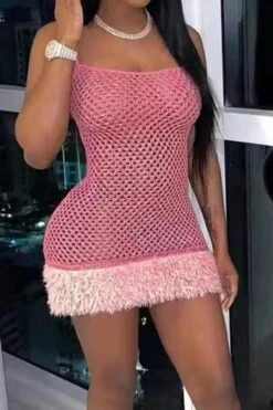 Sexy Slight Stretch Cut Out Knitted Backless Sling Fuzzy Hem Bodycon Mini Dress Wholesale Bodycon Dresses