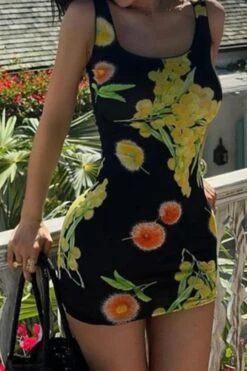 Sexy Slight Stretch Flower Fixed Printing Square Neck Slim Mini Dress Wholesale Bodycon Dresses