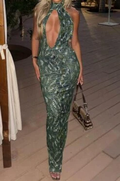 Sexy Slight Stretch Snake Pattern Printing Halter-neck Maxi Dress Wholesale