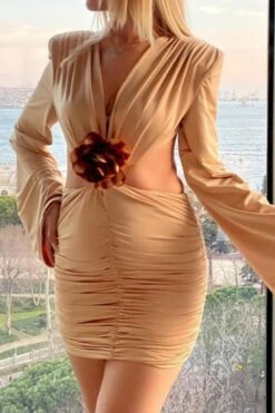 Sexy Slight Stretch Deep V-neck Flower Decor Hollow Slim Mini Dress Wholesale