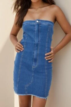 Sexy Slight Stretch Denim Tube Design Raw Edge Bodycon Mini Dress Wholesale