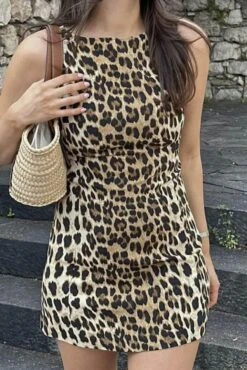 Sexy Non-stretch Leopard Batch Printing Slim Zip-up Sleeveless Mini Dress Wholesale Tank & Cami Dresses