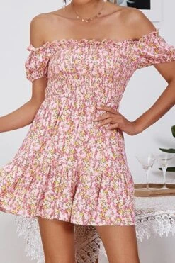 Stylish Sexy Slight Stretch Batch Printing Off-the-shoulder Mini Floral Dress Wholesale