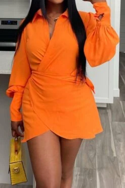 New Sexy Slight Stretch 3-color Lantern Sleeves Lapels Mini Dress Wholesale