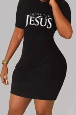 Sexy Plus Size Slight stretch Letter Print Short Sleeve Slim Mini Dress Wholesale