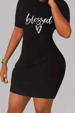 Sexy Plus Size Slight stretch Heart Letter Print Short Sleeve Slim Mini Dress Wholesale