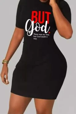 Sexy Plus Size Slight stretch Letter Print Round Neck Slim Mini Dress Wholesale