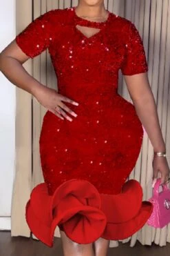 Casual Plus Size Slight Stretch Sequin Decor Cutout Midi Dress Wholesale