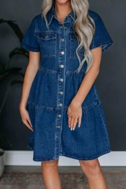 Casual Non-stretch Denim Lapel Button Midi Dress Wholesale Midi Dresses