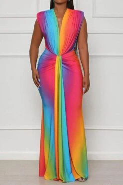 Sexy Plus Size stretch Gradient Color Deep V With Shoulder Pads Maxi Dress Wholesale Sexy Dresses