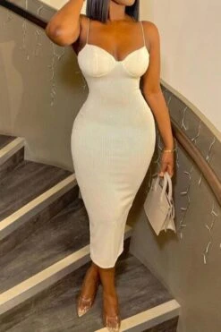 Sexy Slight Stretch Solid Color Slim Sling Midi Dress Wholesale Midi Dresses