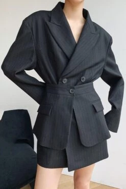 Sexy Non-stretch Stripe Printing Suit Collar Removable Girdle Mini Dress Size Run Small Wholesale