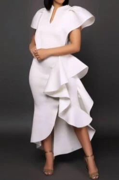 Sexy Plus Size Slight Stretch 3 Colors Solid Color Ruffle Decor Maxi Dress Wholesale